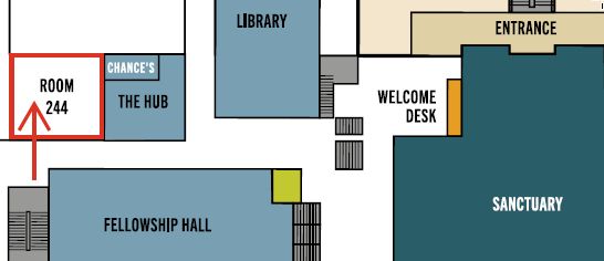 Map showing Room 244 across from the Fellowship Hall and next to Chance's Coffee.
